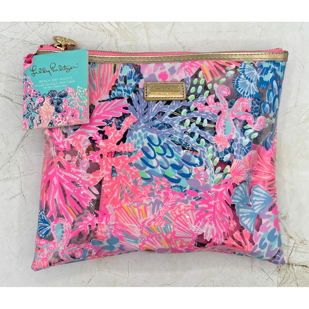 NWT Lilly Pulitzer Beach Day Pouch Vinyl 10x9" W/Koozie Zip Pouch Towel Clips